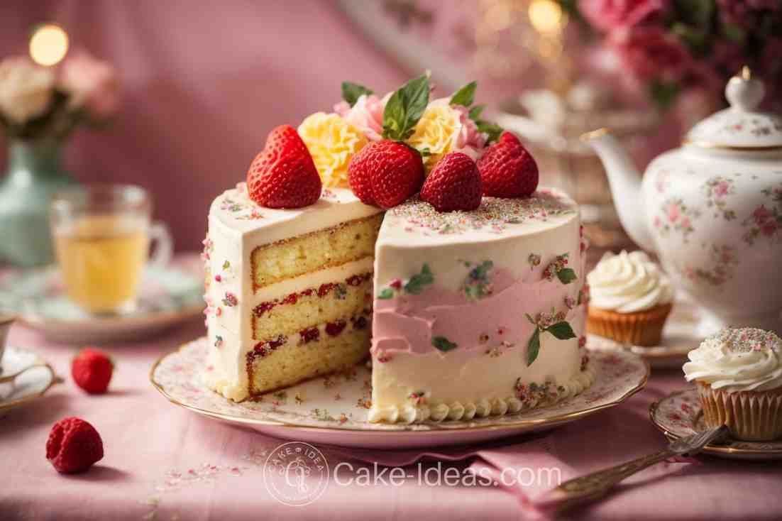 Vintage tea party strawberry filling cake